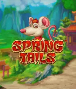 A whimsical illustration of a mouse wearing a red traditional Chinese outfit standing in a picturesque landscape with mountains. The image represents the Spring Tails Slot by Betsoft, showcased with bold red and gold logo text.